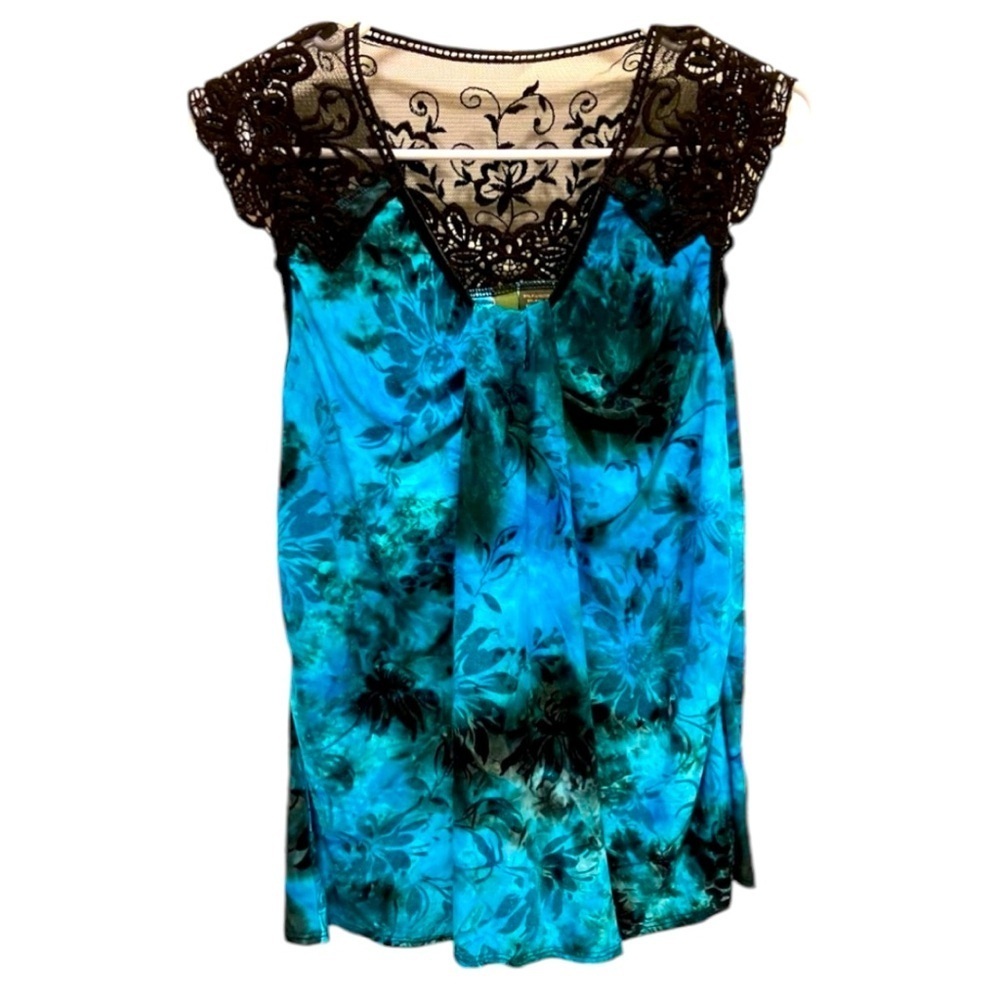 Sleeveless Y2K Blue Floral Black Velour Top Black Lace Back by Serenade NY Sz S